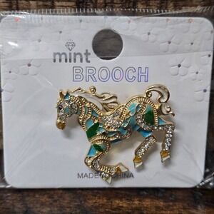 Blue & Green Enamel, Mint Colorful Crystal Horse Brooch.
